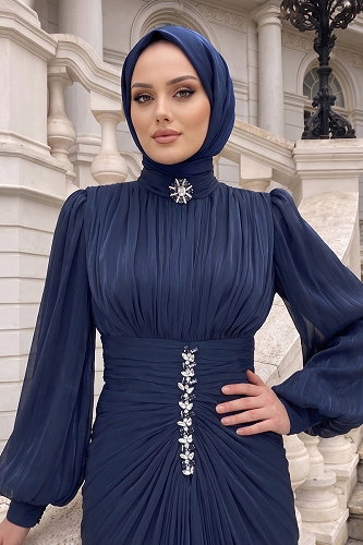 moda selvim فستان سهرة كحلي 5626DMNK1166 - Thumbnail