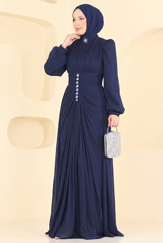 moda selvim فستان سهرة كحلي 5626DMNK1166 - Thumbnail