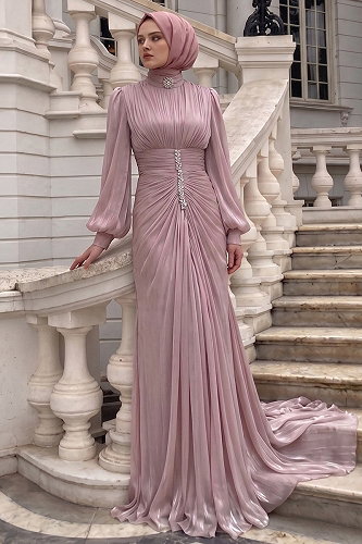 moda selvim Evening Dress 5626DMNK1166 Powder - Thumbnail