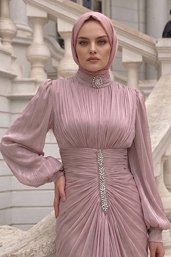 moda selvim فستان سهرة بيج وردي 5626DMNK1166 - Thumbnail