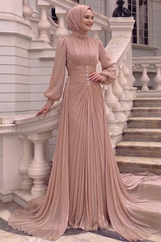 moda selvim فستان سهرة بيج وردي 5626DMNK1166 - Thumbnail