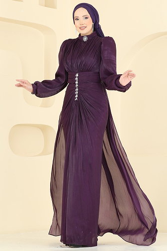 moda selvim فستان سهرة أرجواني 5626DMNK1166 - Thumbnail
