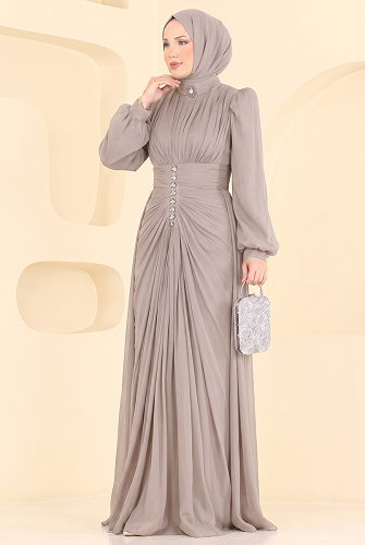 moda selvim Evening Dress 5626DMNK1166 Stone - Thumbnail