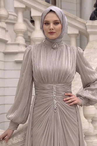 moda selvim فستان سهرة بيج 5626DMNK1166 - Thumbnail