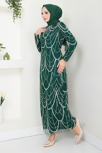 moda selvim فستان سهرة زيتي 5631END900-M - Thumbnail