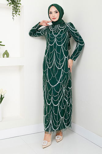 moda selvim فستان سهرة زيتي 5631END900-M - Thumbnail