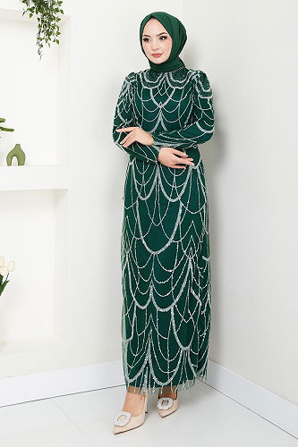 moda selvim فستان سهرة زيتي 5631END900-M - Thumbnail