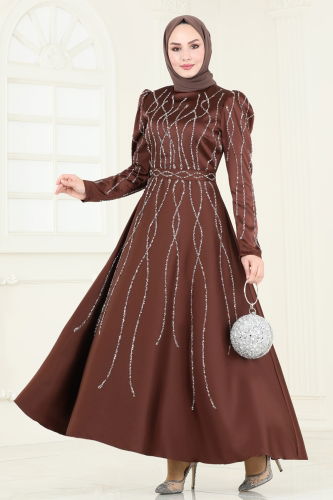 moda selvim Evening Dress 5633EDF311 Brown - Thumbnail