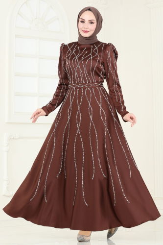 moda selvim Evening Dress 5633EDF311 Brown - Thumbnail