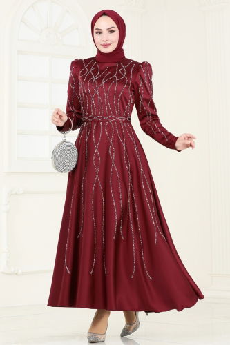 moda selvim Evening Dress 5633EDF311 Burgundy - Thumbnail