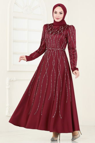 moda selvim Evening Dress 5633EDF311 Burgundy - Thumbnail