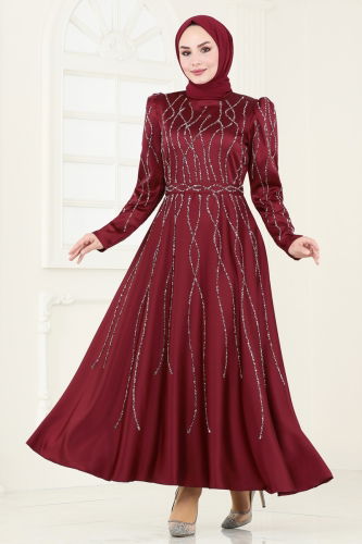 moda selvim Evening Dress 5633EDF311 Burgundy - Thumbnail