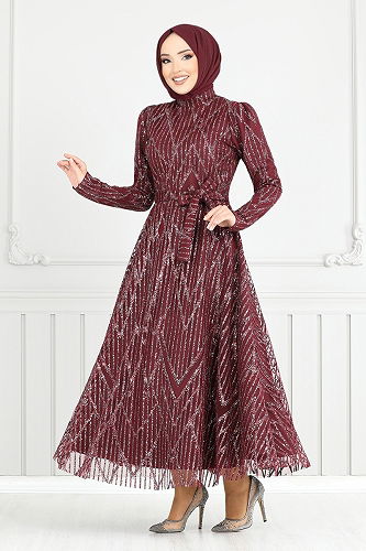 moda selvim Evening Dress 5640END900-M Burgundy - Thumbnail