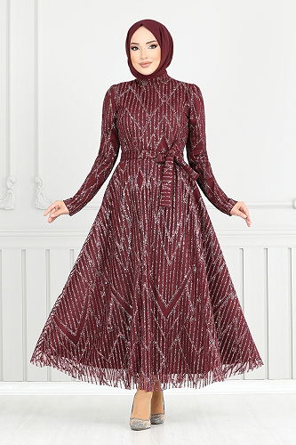 moda selvim Evening Dress 5640END900-M Burgundy - Thumbnail