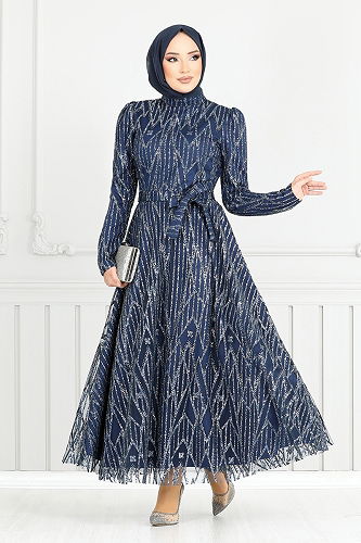 moda selvim Evening Dress 5640END900-M Navy Blue - Thumbnail