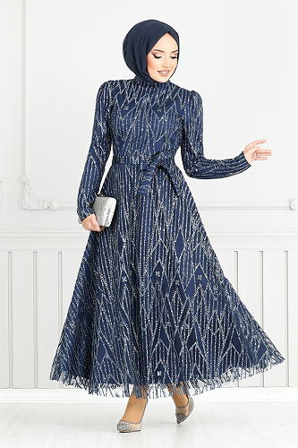 moda selvim Evening Dress 5640END900-M Navy Blue - Thumbnail