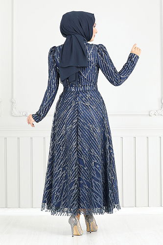 moda selvim Evening Dress 5640END900-M Navy Blue - Thumbnail