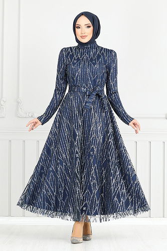 moda selvim Evening Dress 5640END900-M Navy Blue - Thumbnail