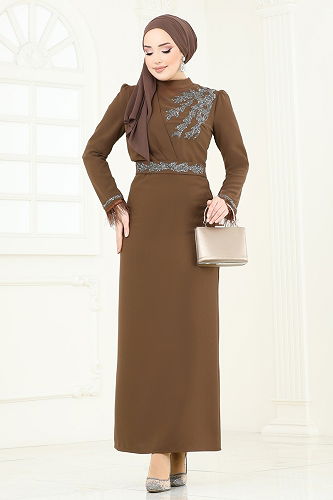 moda selvim Evening Dress 5642EDF311 Brown - Thumbnail