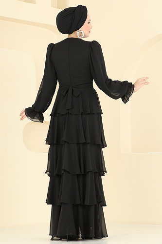 moda selvim فستان سهرة أسود 5652DMNK1166 - Thumbnail