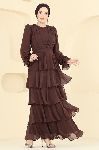 moda selvim فستان سهرة بني 5652DMNK1166 - Thumbnail