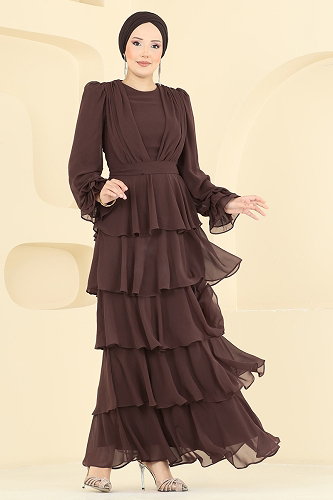 moda selvim فستان سهرة بني 5652DMNK1166 - Thumbnail