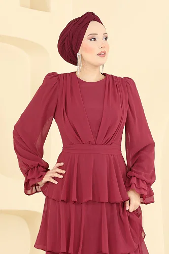 moda selvim فستان سهرة خمري 5652DMNK1166 - Thumbnail