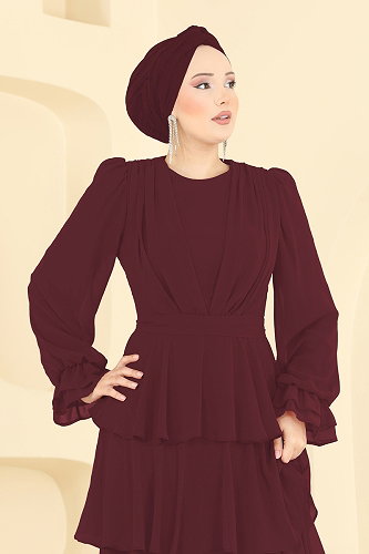 moda selvim فستان سهرة خمري غامق 5652DMNK1166 - Thumbnail