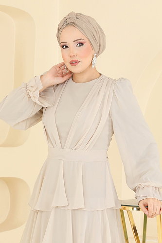moda selvim فستان سهرة بيج 5652DMNK1166 - Thumbnail