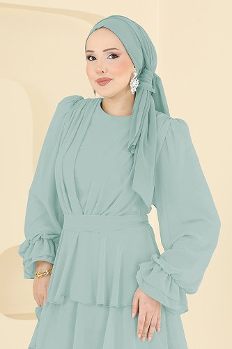 moda selvim فستان سهرة اخضر فاتح 5652DMNK1166 - Thumbnail