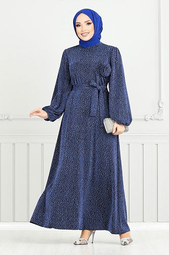 moda selvim Evening Dress 5657END900-M Indigo - Thumbnail