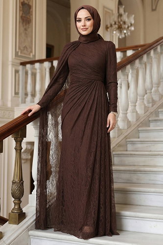 moda selvim Evening Dress 5659DMNK1166 Brown - Thumbnail