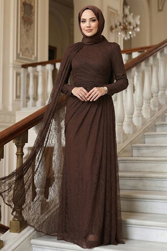 moda selvim Evening Dress 5659DMNK1166 Brown - Thumbnail