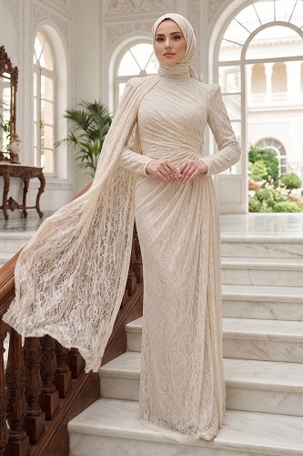 moda selvim Evening Dress 5659DMNK1166 Cream - Thumbnail