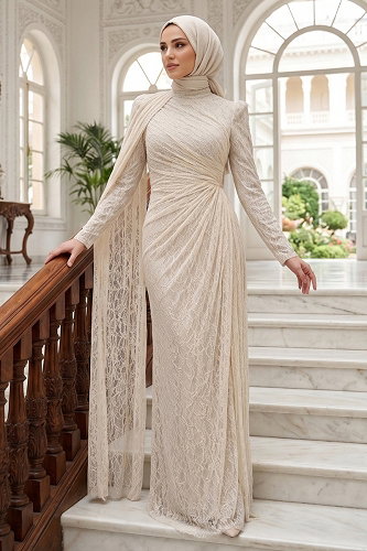 moda selvim Evening Dress 5659DMNK1166 Cream - Thumbnail