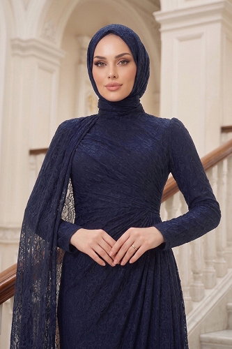 moda selvim فستان سهرة كحلي 5659DMNK1166 - Thumbnail