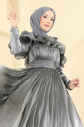 moda selvim Evening Dress 5661DMNK1166 Anthracite - Thumbnail