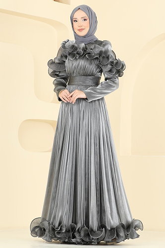 moda selvim فستان سهرة رمادي غامق 5661DMNK1166 - Thumbnail