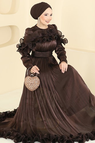 moda selvim Evening Dress 5661DMNK1166 Bitter Brown - Thumbnail