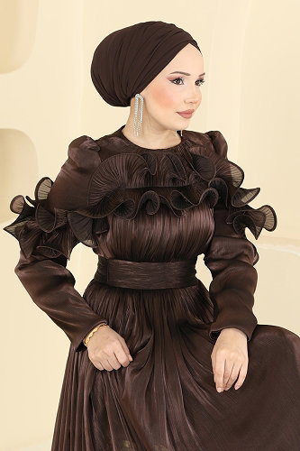 moda selvim Evening Dress 5661DMNK1166 Bitter Brown - Thumbnail