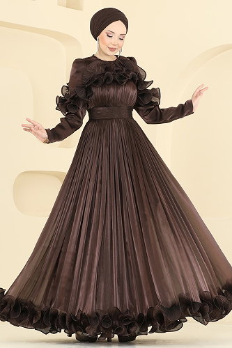 moda selvim فستان سهرة بني غامق 5661DMNK1166 - Thumbnail