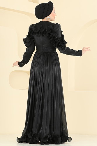 moda selvim فستان سهرة أسود 5661DMNK1166 - Thumbnail