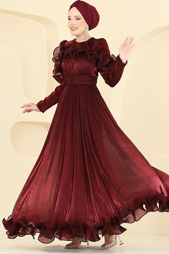 moda selvim فستان سهرة خمري 5661DMNK1166 - Thumbnail