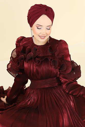 moda selvim فستان سهرة خمري 5661DMNK1166 - Thumbnail