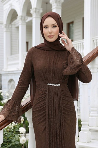 moda selvim Evening Dress 5662DMNK1166 Brown - Thumbnail