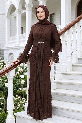 moda selvim Evening Dress 5662DMNK1166 Brown - Thumbnail