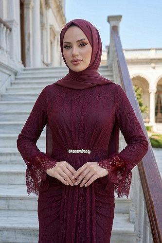 moda selvim Evening Dress 5662DMNK1166 Damson - Thumbnail