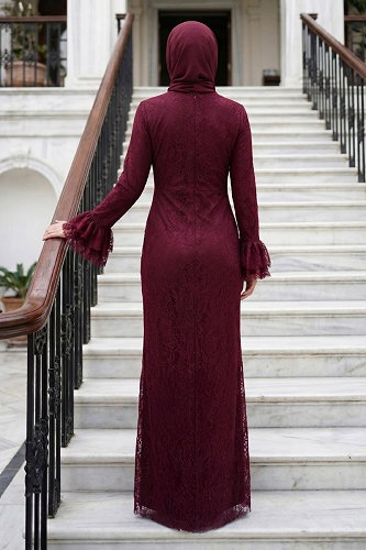 moda selvim Evening Dress 5662DMNK1166 Damson - Thumbnail