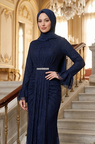 moda selvim Evening Dress 5662DMNK1166 Navy Blue - Thumbnail