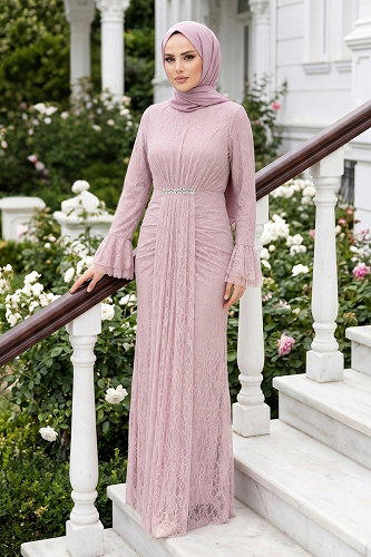 moda selvim فستان سهرة بيج وردي 5662DMNK1166 - Thumbnail